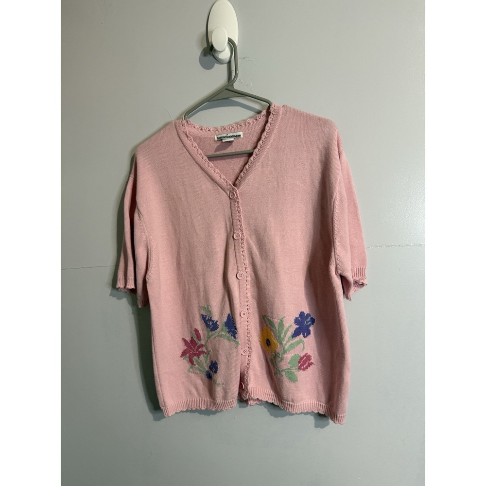 Cottage Core Serengeti Catalog Vintage‎ Pink Floral Embroidery Short Sleeve Sz L